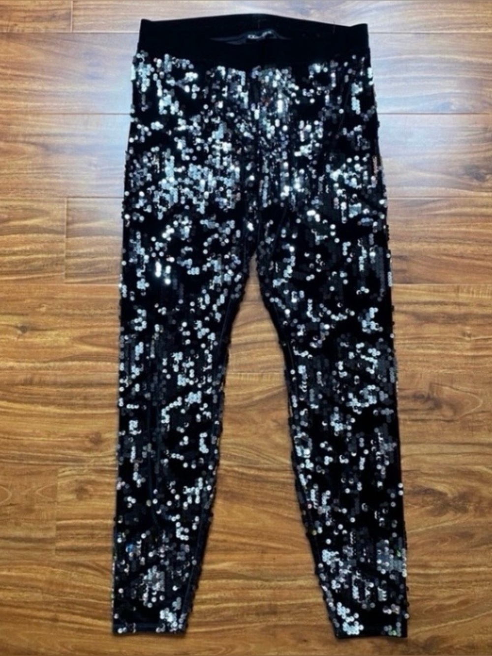 Express Womens Black Gray Midrise Sequins Stretch Ankle Legging Size Small Girly